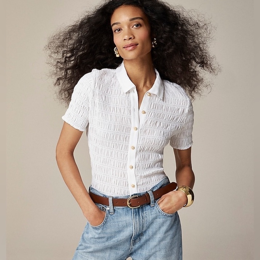 J. Crew Smocked button-up shirt in cotton-blend voile BU278 XXS White